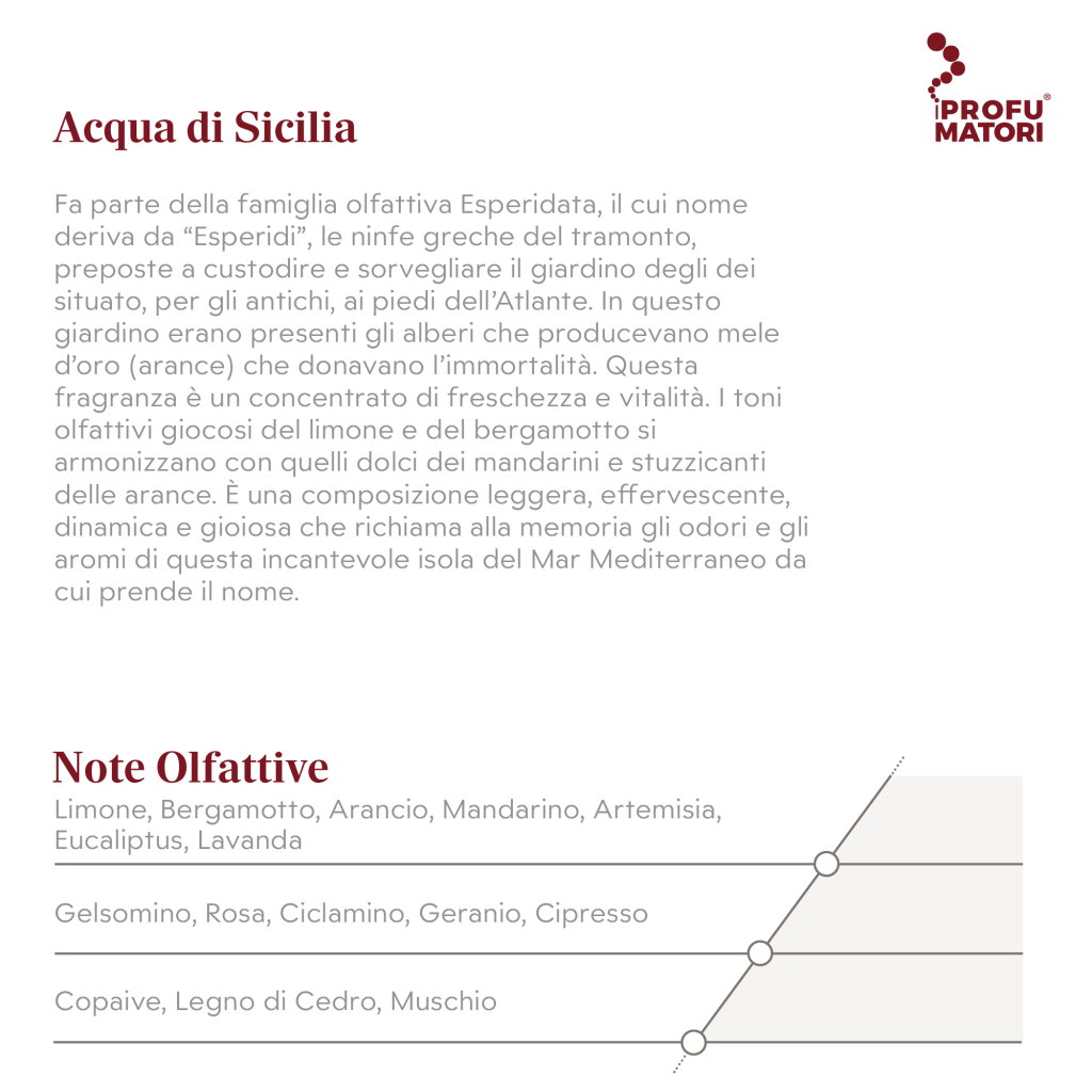Descrizione della fragranza Acqua di Sicilia, della famiglia olfattiva Esperidata, e schema delle Note Olfattive. Note di testa: Limone, Bergamotto, Arancio, Mandarino, Artemisia, Eucaliptus, Lavanda. Note di cuore: Gelsomino, Rosa, Ciclamino, Geranio, Cipresso. Note di fondo: Copaive, Legno di Cedro, Muschio.