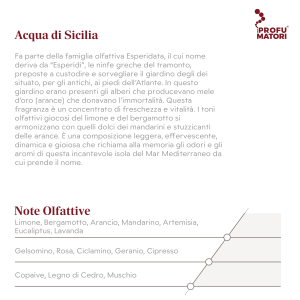 Descrizione della fragranza Acqua di Sicilia, della famiglia olfattiva Esperidata, e schema delle Note Olfattive. Note di testa: Limone, Bergamotto, Arancio, Mandarino, Artemisia, Eucaliptus, Lavanda. Note di cuore: Gelsomino, Rosa, Ciclamino, Geranio, Cipresso. Note di fondo: Copaive, Legno di Cedro, Muschio.