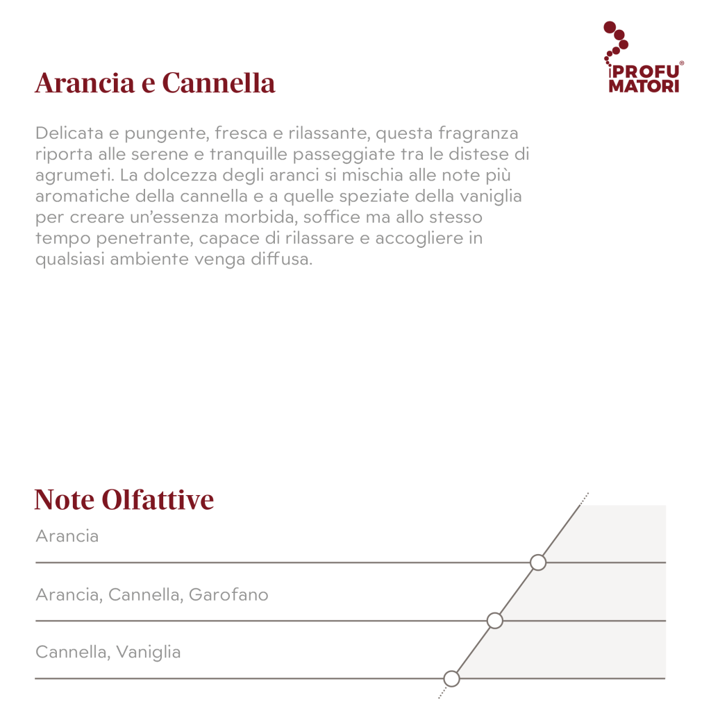 Descrizione e Note Olfattive della fragranza Arancia e Cannella. Descrizione: fragranza delicata, pungente, fresca e rilassante che unisce la dolcezza degli aranci con la cannella e la vaniglia per un'essenza morbida e penetrante. Note di testa: Arancia. Note di cuore: Arancia, Cannella, Garofano. Note di fondo: Cannella, Vaniglia.