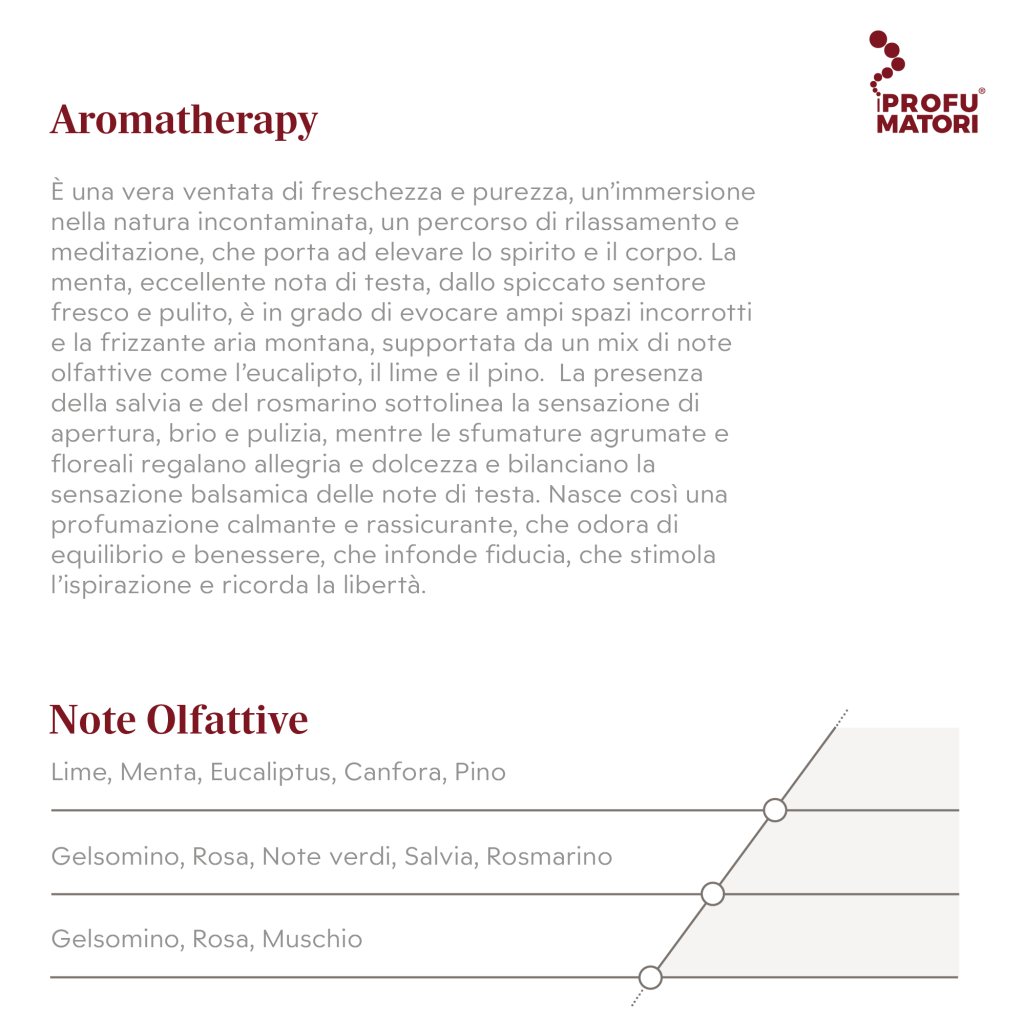 Descrizione e Note Olfattive della fragranza Aromatherapy. Descrizione: fragranza di freschezza e purezza, rilassante e meditativa, che evoca l'aria montana. Profumazione calmante, rassicurante, che odora di equilibrio e libertà. Note di testa: Lime, Menta, Eucaliptus, Canfora, Pino. Note di cuore: Gelsomino, Rosa, Note verdi, Salvia, Rosmarino. Note di fondo: Gelsomino, Rosa, Muschio.