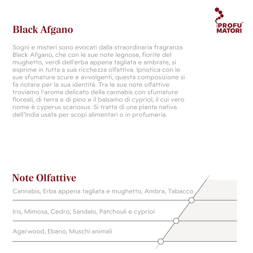 Descrizione e Note Olfattive della fragranza Black Afgano. Descrizione: fragranza legnosa, fiorita e ambrata che evoca misteri, con sfumature scure, avvolgenti e ipnotiche. Note di testa: Cannabis, Erba appena tagliata e mughetto, Ambra, Tabacco. Note di cuore: Iris, Mimosa, Cedro, Sandalo, Patchouli e cypriol. Note di fondo: Agarwood, Ebano, Muschi animali.