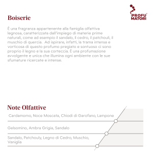 Descrizione e Note Olfattive della fragranza Boiserie. Descrizione: fragranza legnosa e sontuosa, caratterizzata da materie prime naturali come sandalo, cedro, patchouli e muschio di quercia. Profumazione avvolgente, unica e illuminante. Note di testa: Cardamomo, Noce Moscata, Chiodi di Garofano, Lampone. Note di cuore: Gelsomino, Ambra Grigia, Sandalo. Note di fondo: Sandalo, Patchouly, Legno di Cedro, Muschio, Vaniglia.