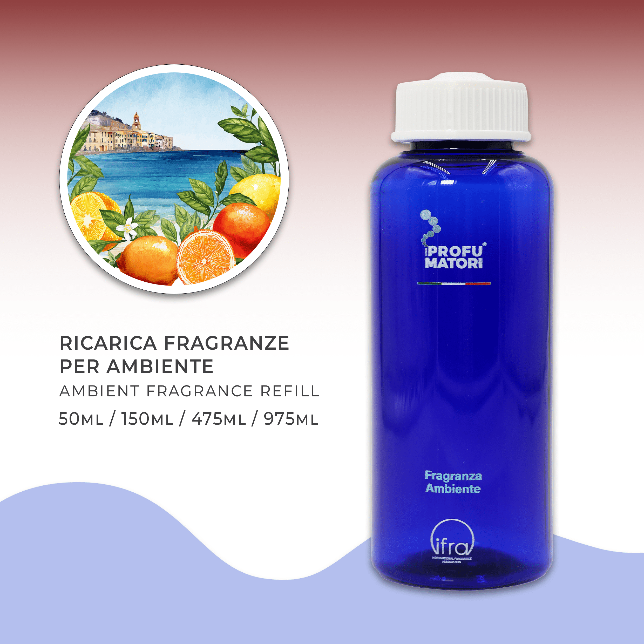 bottiglia Acqua di Sicilia Flacone blu di ricarica per fragranza ambiente Acqua di Sicilia di I Profumatori. L'etichetta mostra i formati disponibili (50ml, 150ml, 475ml, 975ml) e un cerchio con un paesaggio costiero siciliano e agrumi come arance e limoni.