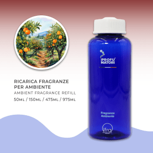 Flacone blu di ricarica per fragranza ambiente 'Agrumeto di Calabria' de I Profumatori. Sono indicati i formati di ricarica: 50ml, 150ml, 475ml, 975ml. A sinistra, un'illustrazione circolare mostra un rigoglioso agrumeto (aranci) sotto un cielo azzurro, tipico paesaggio calabrese.