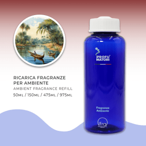 Flacone blu di ricarica per fragranza ambiente 'Agua del Nilo' de I Profumatori. Sono indicati i formati di ricarica: 50ml, 150ml, 475ml, 975ml. A sinistra, un'illustrazione circolare mostra due barche su un fiume tropicale bordato da palme, a evocare il Nilo e l'ambientazione della fragranza.
