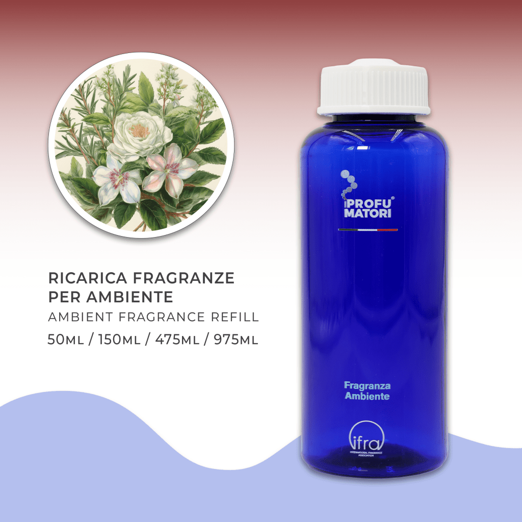 Flacone blu di ricarica per fragranza ambiente 'Aromatherapy' de I Profumatori. Sono indicati i formati di ricarica: 50ml, 150ml, 475ml, 975ml. A sinistra, un'illustrazione circolare mostra un cespuglio di fiori bianchi, tra cui una rosa, che evocano le note floreali e naturali della fragranza.
