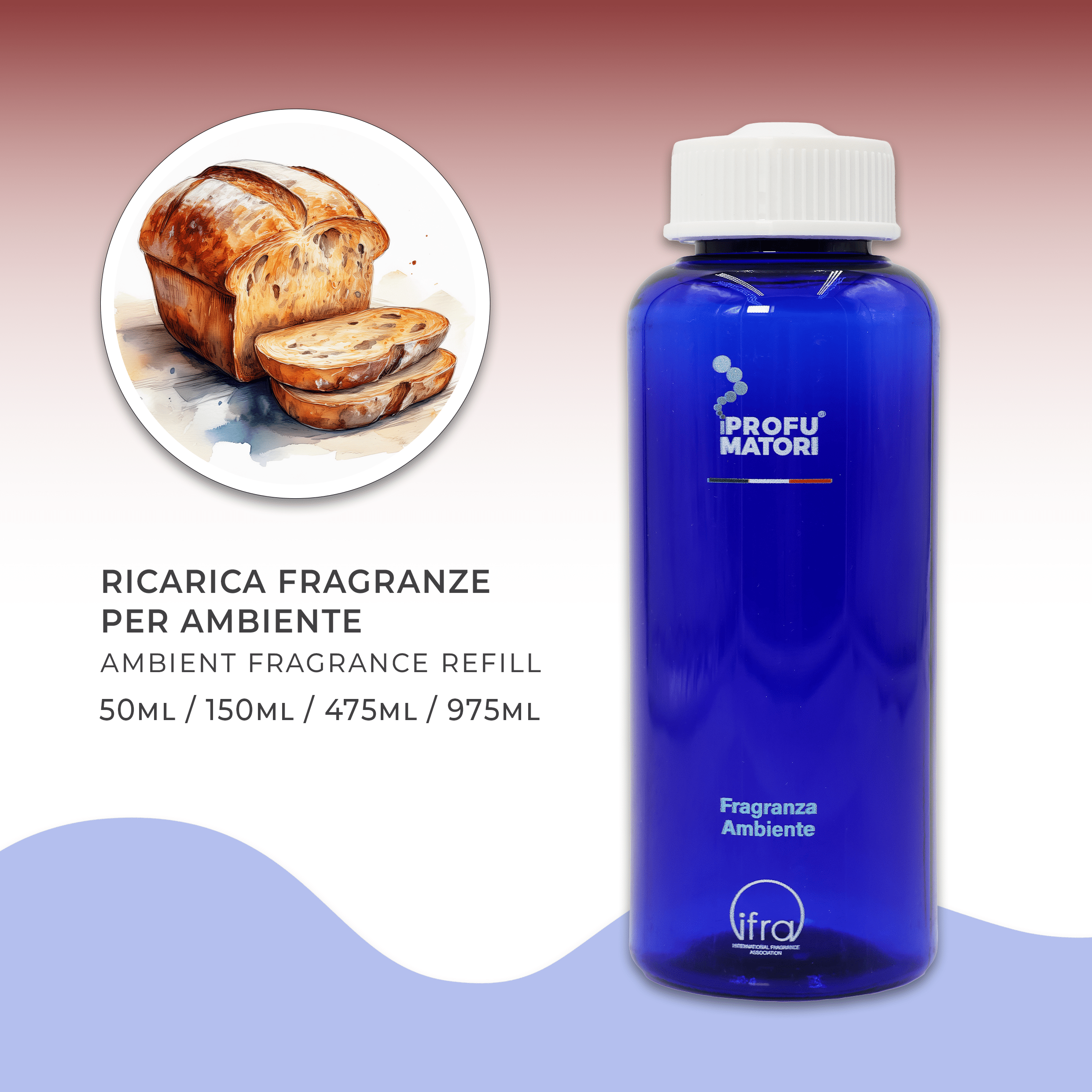 bottiglia Crosta di pane Flacone blu di ricarica per fragranza ambiente 'Crosta di Pane' de I Profumatori, con indicazione dei formati disponibili: 50ml, 150ml, 475ml, 975ml. A sinistra, un'illustrazione circolare mostra una pagnotta di pane appena sfornata con due fette tagliate, che evocano il profumo caldo e invitante della fragranza.