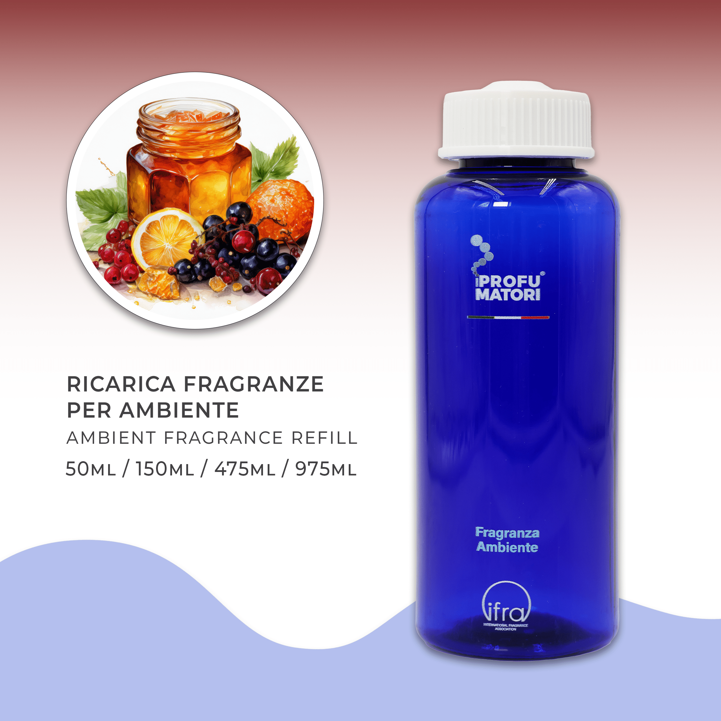 bottiglia Cuor di Ribes e Ambra Flacone blu di ricarica per fragranza ambiente 'Cuor di Ribes e Ambra' de I Profumatori, con indicazione dei formati disponibili. A sinistra, un'illustrazione circolare mostra un vasetto di miele dorato circondato da frutti di bosco scuri (ribes, mirtilli), un limone e arance, che evocano le note fruttate e ambrate della fragranza.