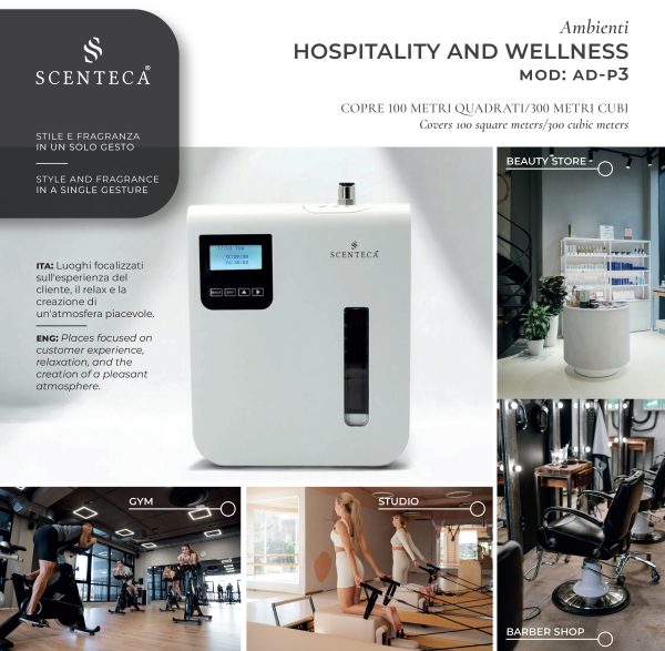 Diffusore professionale di fragranze Scenteca AD-P3 – Per ambienti benessere, accoglienza e relax L’immagine presenta il diffusore di fragranze Scenteca Modello AD-P3, progettato per migliorare l’atmosfera in contesti dedicati all’accoglienza, al relax e al benessere del cliente. Il dispositivo, dal design essenziale e moderno, è dotato di display digitale e serbatoio a vista. È adatto a spazi fino a 100 m² / 300 m³. A sinistra del diffusore, una descrizione bilingue evidenzia il valore dell’esperienza sensoriale: Luoghi focalizzati sull’esperienza del cliente, il relax e la creazione di un’atmosfera piacevole. Places focused on customer experience, relaxation, and the creation of a pleasant atmosphere. A destra, quattro immagini illustrano ambienti ideali per l’utilizzo del prodotto: Beauty store: spazio luminoso ed elegante con espositori di cosmetici e prodotti skincare. Barber shop: salone moderno con poltrone da barbiere e illuminazione calda. Studio: sala pilates con attrezzature e atmosfera rilassata, ideale per il benessere fisico. Palestra (Gym): ambiente fitness attrezzato, dove la profumazione migliora comfort e motivazione. Nella parte superiore, logo Scenteca e payoff bilingue: “Stile e fragranza in un solo gesto / Style and fragrance in a single gesture”.