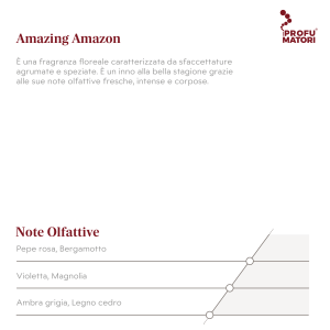 Descrizione e Note Olfattive della fragranza Amazing Amazon. Descrizione: fragranza floreale con sfaccettature agrumate e speziate, fresca, intensa e corposa. Note di testa: Pepe rosa, Bergamotto. Note di cuore: Violetta, Magnolia. Note di fondo: Ambra grigia, Legno cedro.