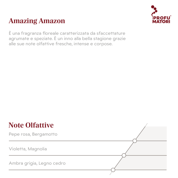 Descrizione e Note Olfattive della fragranza Amazing Amazon. Descrizione: fragranza floreale con sfaccettature agrumate e speziate, fresca, intensa e corposa. Note di testa: Pepe rosa, Bergamotto. Note di cuore: Violetta, Magnolia. Note di fondo: Ambra grigia, Legno cedro.