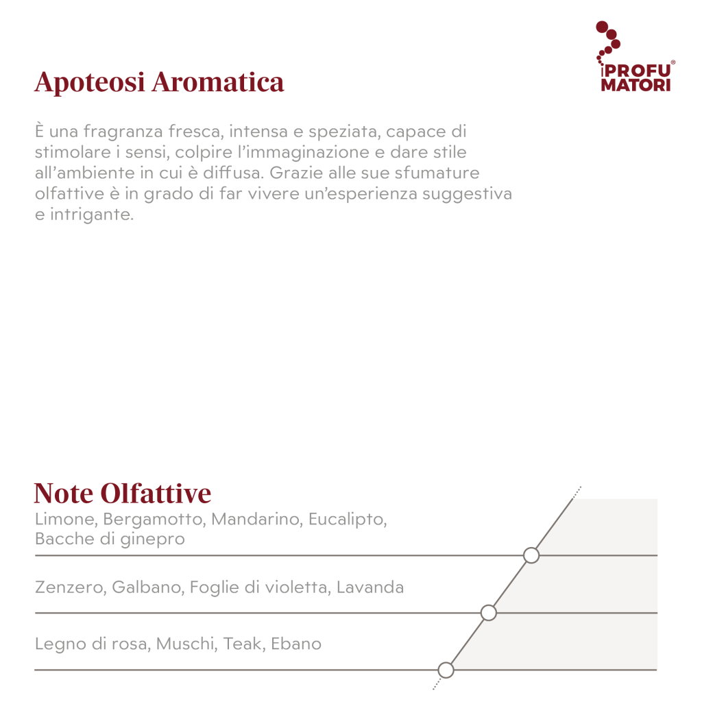 Descrizione e Note Olfattive della fragranza Apoteosi Aromatica. Descrizione: fragranza fresca, intensa e speziata, suggestiva e intrigante, capace di stimolare i sensi. Note di testa: Limone, Bergamotto, Mandarino, Eucalipto, Bacche di ginepro. Note di cuore: Zenzero, Galbano, Foglie di violetta, Lavanda. Note di fondo: Legno di rosa, Muschi, Teak, Ebano.