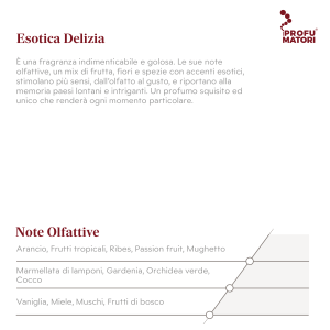 Descrizione della fragranza per ambiente 'Esotica Delizia' di I Profumatori. Il testo la definisce 'una fragranza indimenticabile e golosa' con un mix di frutta, fiori e spezie con accenti esotici. La sezione 'Note Olfattive' mostra i tre livelli: Note di Testa: Arancio, Frutti tropicali, Ribes, Passion fruit, Mughetto. Note di Cuore: Marmellata di lamponi, Gardenia, Orchidea verde, Cocco. Note di Fondo: Vaniglia, Miele, Muschi, Frutti di bosco.