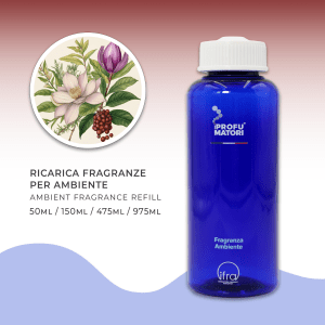 Flacone blu di ricarica per fragranza ambiente 'Amazing Amazon' de I Profumatori. Sono indicati i formati di ricarica: 50ml, 150ml, 475ml, 975ml. A sinistra, un'illustrazione circolare mostra un fiore di magnolia bianca, un fiore di magnolia viola e bacche rosse, che evocano la flora amazzonica