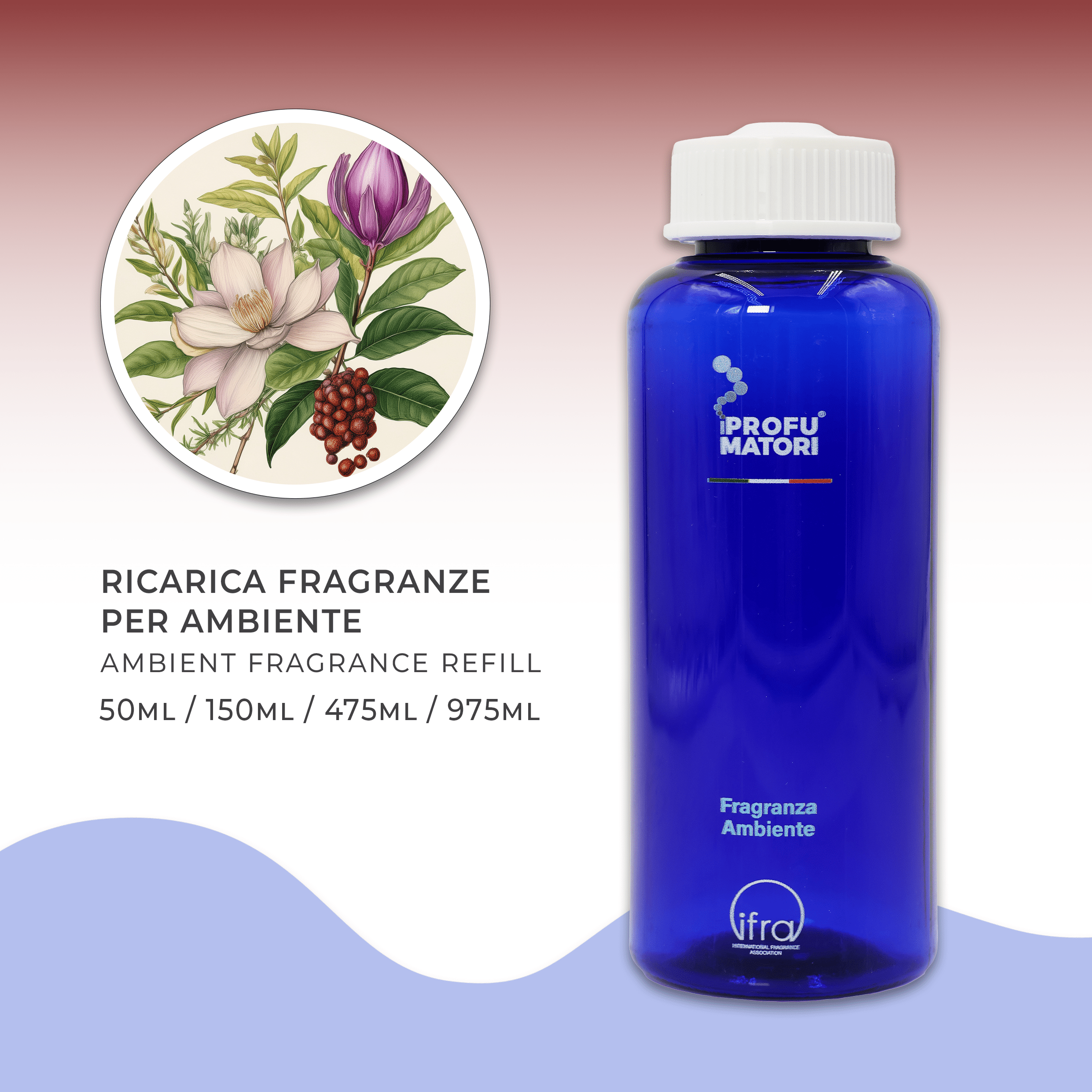 bottiglia Amazing Amazon Flacone blu di ricarica per fragranza ambiente 'Amazing Amazon' de I Profumatori. Sono indicati i formati di ricarica: 50ml, 150ml, 475ml, 975ml. A sinistra, un'illustrazione circolare mostra un fiore di magnolia bianca, un fiore di magnolia viola e bacche rosse, che evocano la flora amazzonica