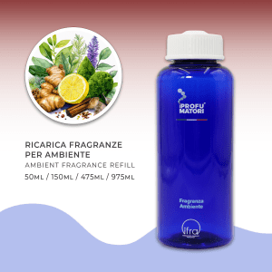 Flacone blu di ricarica per fragranza ambiente 'Apoteosi Aromatica' de I Profumatori. Sono indicati i formati di ricarica: 50ml, 150ml, 475ml, 975ml. A sinistra, un'illustrazione circolare mostra ingredienti aromatici e speziati: zenzero, mezzo limone, lavanda e una stecca di cannella.