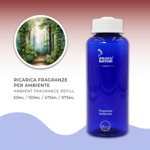 Una ricarica di profumo per ambiente 'I Profumatori' da circa 500ml, in una bottiglia di plastica blu scuro con tappo bianco. Sotto le scritte 'RICARICA FRAGRANZE PER AMBIENTE / AMBIENT FRAGRANCE REFILL' sono elencati i formati disponibili: 50ml, 150ml, 475ml, 975ml. Un'illustrazione circolare mostra un sentiero che si inoltra in una foresta lussureggiante e verdeggiante, richiamando le note legnose della fragranza 'Linfa dei Boschi'.