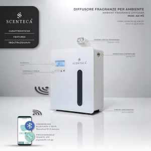 Il diffusore AD-P5 al centro, ai lati spiega che è possibile collegarlo via bluetooth o wifi e gestirlo tramite app Android o iOS