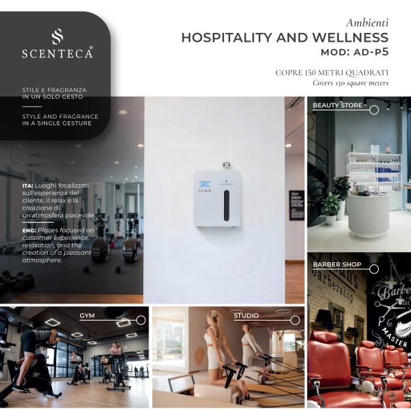 Il diffusore AD-P5 al centro, ai lati i vari campi di utilizzo, negozi di prodotto per la bellezza, barberie, palestre