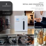 Il diffusore di fragranze AD-P5 al centro, ai lati i vari campi di utilizzo, gioiellerie, negozi di abbigliamento, concessionarie di automobili