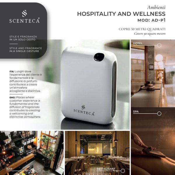 Al centro si vede il diffusore AD P1, intorno immagini di un hotel, un bar, un ristorante, ed una SPA