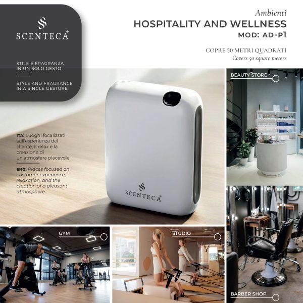 Al centro si vede il diffusore AD P1, intorno immagini di un salone di bellezza, una barberia, una palestra