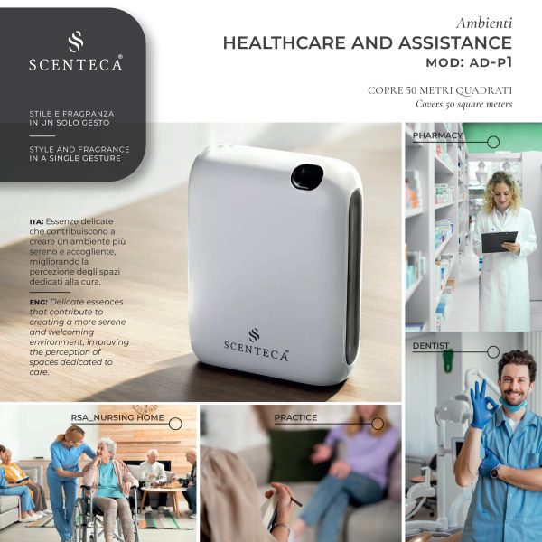 Nell'immagine si vede il diffusore AD P1 al centro, intorno ci sono varie immagini relative al settore assistenza. una farmacia, un dentista, uno psicologo, una rsa