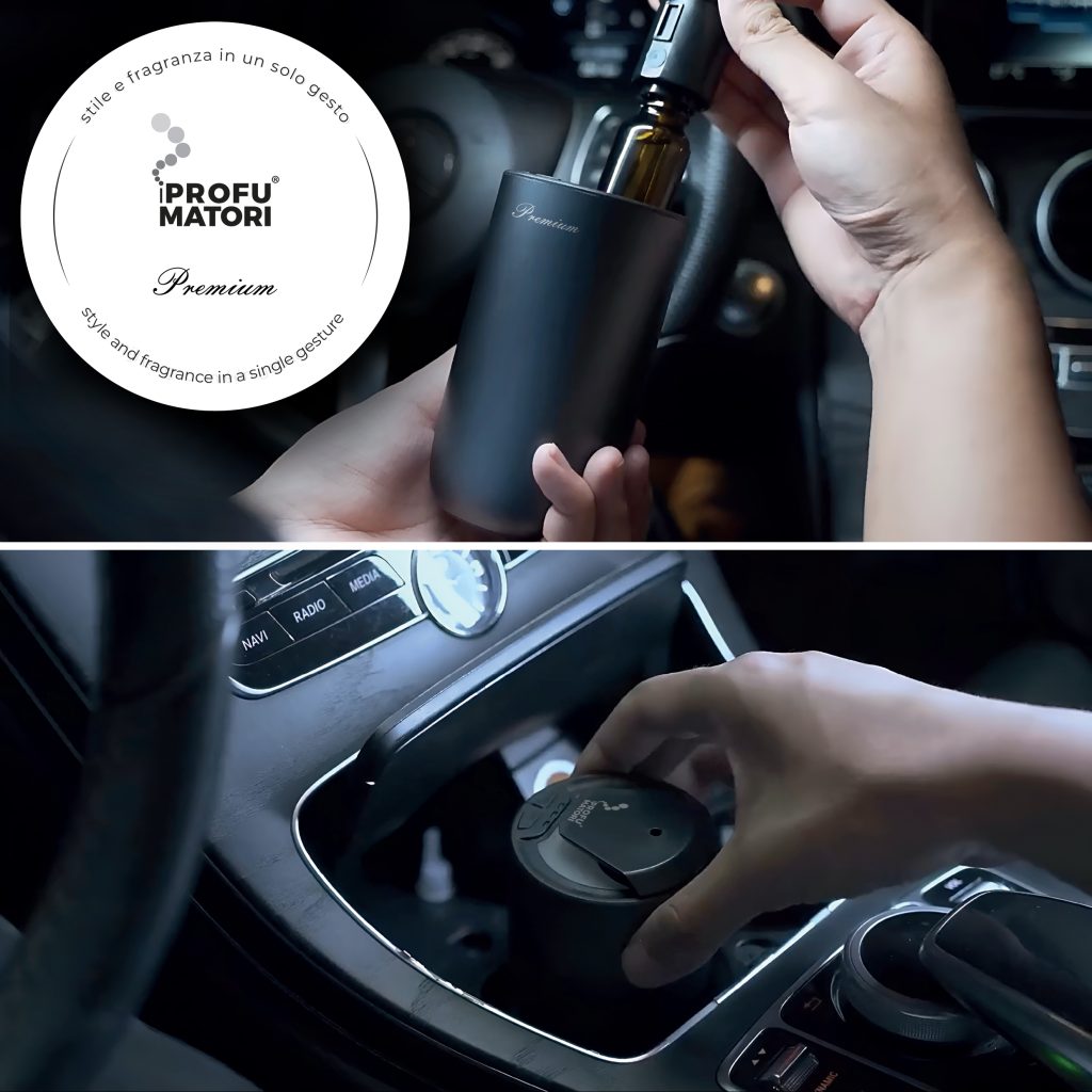 Diffusore per auto elettrico EVO CD 30 inserito nel portaoggetti centrale di un’auto. Design moderno, luce LED blu, compatto e silenzioso, con fragranze sicure per tutta la famiglia.