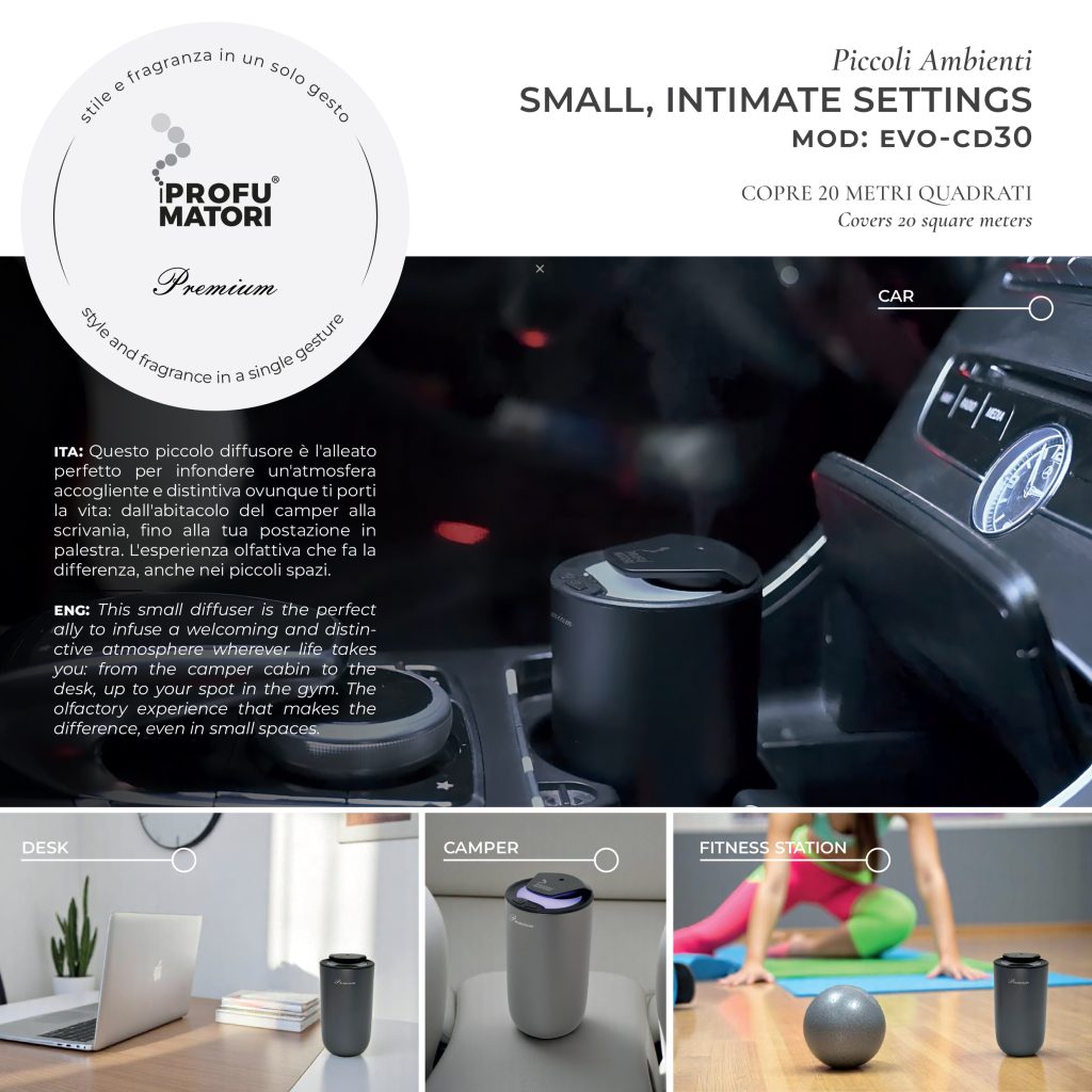 Diffusore EVO CD 30 ambientato in auto, scrivania, camper e palestra. Copertura fino a 20 m². Compatto e silenzioso, ideale per piccoli spazi come auto, desk e home fitness.