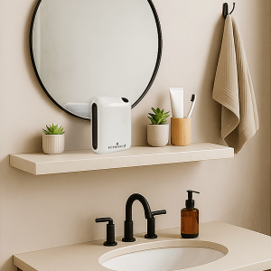 Diffusore AD-P1 Scenteca1969 in bagno moderno su mensola, profumatore a nebulizzazione Variante breve: Profumatore AD-P1 per bagno – diffusore a nebulizzazione Scenteca1969