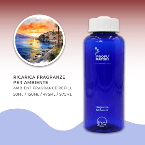 Flacone blu di ricarica per fragranza ambiente 'Bahia' de I Profumatori, con indicazione dei formati disponibili: 50ml, 150ml, 475ml, 975ml. A sinistra, un'illustrazione circolare mostra un paesaggio costiero mediterraneo al tramonto, con il sole che si riflette sull'acqua e un villaggio sulla scogliera